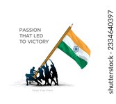 Creative concept of Kargil Vijay Diwas. Patriotic background. Indian People, Army, soldiers raising tricolor flag.