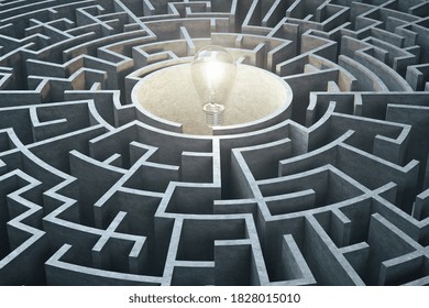 Creative Concrete Gray Maze With Lamp. Challenge And Start Up Concept. 3D Rendering