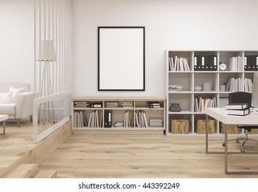 Creative Contemporary Cozy Office Interior With Wooden Floor, Concrete Wall, Blank Picture Frame, Bookshleves, Workplace And Lounge Area With Sofa. Mock Up, 3D Rendering