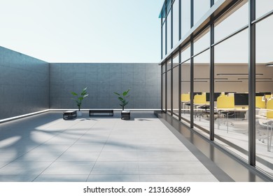 Creative contemporary exterior of office building with territory. Daylight sky background. Design and workplace concept. 3D Rendering