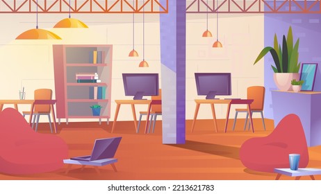 Creative Coworking Space Landing Page In Flat Cartoon Style. Open Loft Office With Bag Chairs, Laptops, Computer On Desktop, Bookshelf. Comfortable Workplace. Illustration Of Web Background