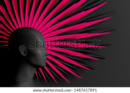 Creative dark background with three-dimensional head of a young woman in profile with stylized Mohawk hairstyle. 3D illustration