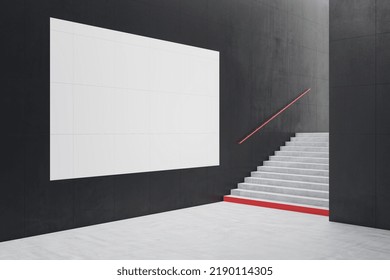 Creative Dark Concrete Tile Interior With Stairs And Mock Up Banner On Wall. School Hallway And Corridor Concept. 3D Rendering