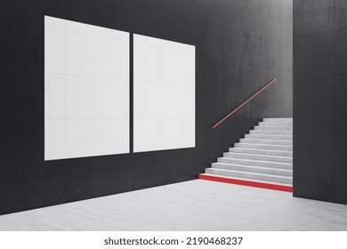 Creative Dark Concrete Tile Interior With Stairs And Mock Up Poster On Wall. School Hallway And Corridor Concept. 3D Rendering