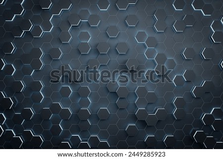 Creative dark hexagonal wall background. Landing page concept. 3D Rendering