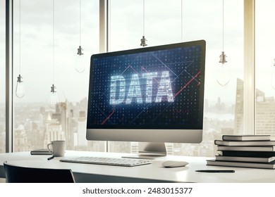 Creative Data word hologram on modern laptop monitor, big data and blockchain concept. 3D Rendering
