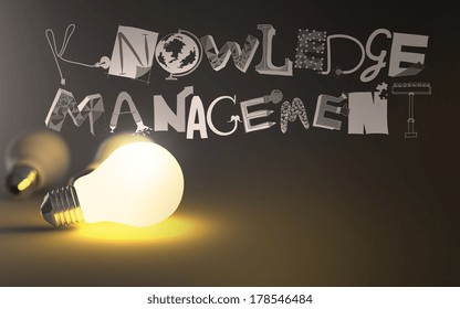 Creative Design Hand Drawn KNOWLEDGE MANAGEMENT Word And Light Bulb 3d As Concept