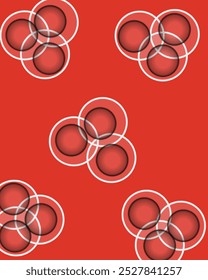 Creative design layout illustration Made of combination particles white circle and black circle inside arranged randomly but still using three pattern on a red background