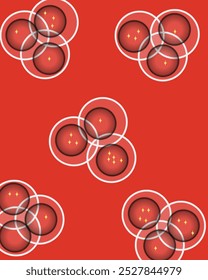 Creative design layout illustration made of combination particles white circle and black circle with stars inside arranged randomly but still using three pattern on a red background 