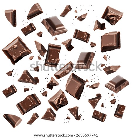 Creative design on a white background of a set of delicious brown chocolate pieces flying in space