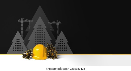 Creative design template with protective helmet, poinsettia flowers and abstract Christmas tree shaped buildings. 3D render illustration on construction, building, engineering or real estate theme. - Powered by Shutterstock