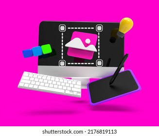 Creative Designer 3D Illustration, Idea Keyboard Desktop And Pen Tablet For Job Board Or Hiring Poster Design 