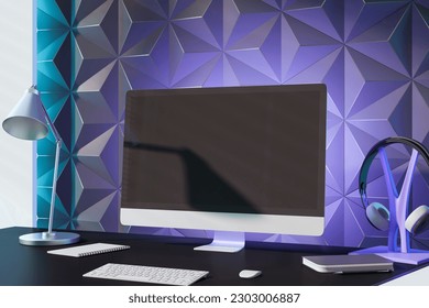 Creative designer desktop with empty computer screen, various items and decorative purple wall in the background. 3D Rendering