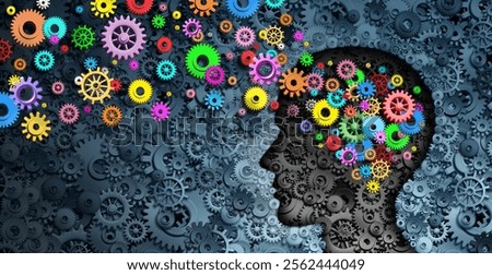 Creative development and education or learning skills as a business symbol of technology and brain function as engineering and intelligent creativity as gears and cogs metaphor as a 3D illustration.