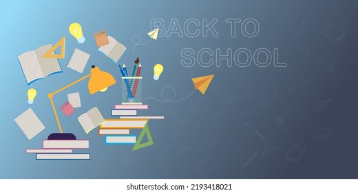 Creative Digital Back To School Banner With Items On Blue Wallpaper. Education, School And College Concept. 3D Rendering