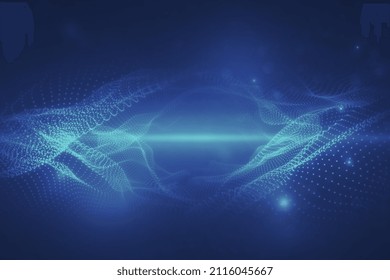 Creative Digital Blue Wave Interface On Blurry Wallpaper. Technology And AI Concept. 3D Rendering