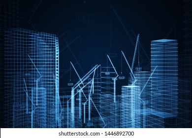 Creative digital construction drawing wallpaper with buildings and cranes. Engineering and design cocnept. 3D Rendering