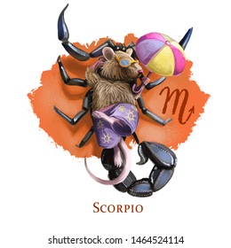 Creative Digital Illustration Of Astrological Sign Scorpio. Rat Or Mouse Symboll Of 2020 Year Signs In Zodiac. Horoscope Water Element. Logo Sign With Scorpion. Graphic Design Clip Art For Web Print