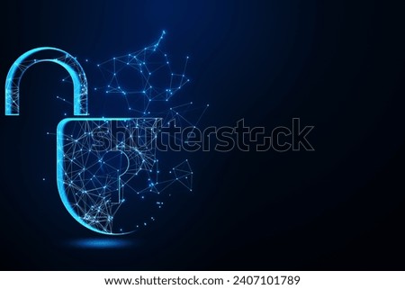 Creative digital polygonal open padlock hologram on blue background with mock up place. Safety, protection and security concept. 3D Rendering