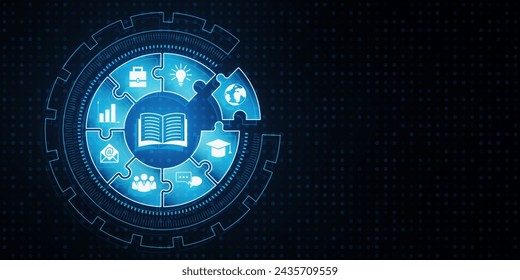 Creative digital round puzzle educational hologram on dark blue background. Microlearning and gamification concept. 3D Rendering