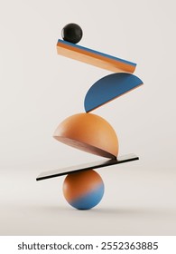 A creative display of 3d render of geometric shapes boho style in bright colors is carefully balanced. The arrangement includes spheres, semi-circles, and flat shapes on a soft background.