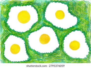 Creative drawing of five fried eggs, sunny side up, with scalloped edges resembling daisies or flowers on a green grass background. Colored pencils. Perfect for funny food themes, breakfast, spring.