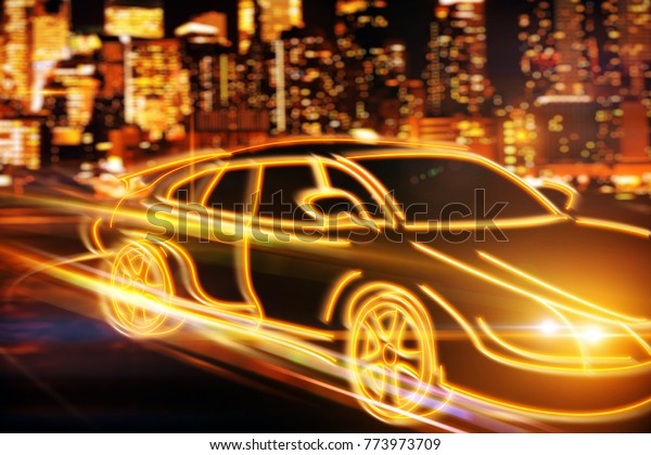 Creative drawing of orange digital car drawing on blurry\
night city background. Transportation and vehicle concept. 3D\
Rendering 