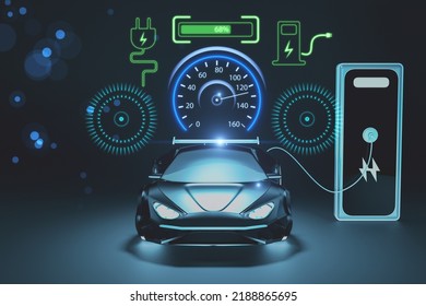 Creative Electronic Car Dashboard Interface Hologram On Blurry Blue Wallpaper. Automobile, Charging And Futuristic Technology Concept. 3D Rendering