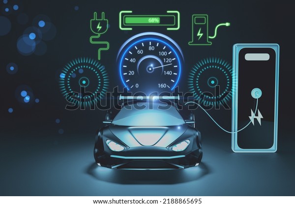 Creative electronic car dashboard interface\
hologram on blurry blue wallpaper. Automobile, charging and\
futuristic technology concept. 3D\
Rendering