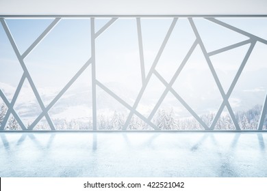 Creative Empty Interior With Abstract Panoramic Windows And Snowy Landscape View. 3D Rendering