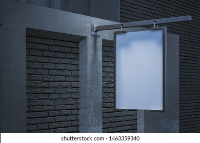 Creative Empty Square White Stopper On Building Exterior. Night Time. Advertisement And Commercial Concept. Mock Up, 3D Rendering 