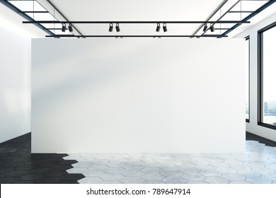 Creative exhibition interior with blank poster and city view. Advertisement and gallery concept. Mock up, 3D Rendering  - Shutterstock ID 789647914