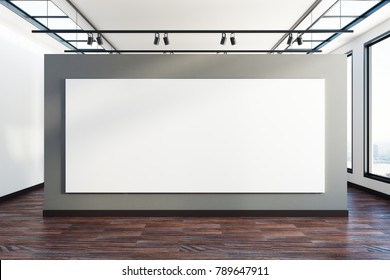 Creative exhibition interior with clean billboard and city view. Advertisement and gallery concept. Mock up, 3D Rendering  - Shutterstock ID 789647911