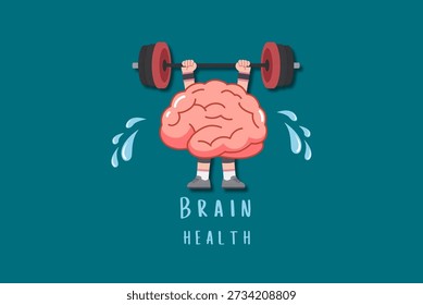 Creative flat illustration of a human brain lifting a barbell, symbolising brain health, mental strength, cognitive fitness, and psychological well being. The cartoon brain character sweating while exercising represents mental training, learning, focus, productivity, memory improvement, and self-development. Ideal for healthcare, psychology, neuroscience, mental health awareness, education, fitness, motivation, and wellness concepts.