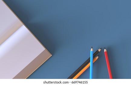 Creative flat lay design of work space desk with Open Book and pencil on Blue table top view / 3d rendering