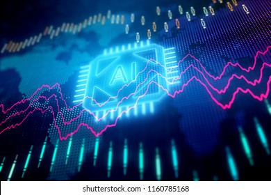 Creative Forex Chart Background With Ai Chip. Artificial Intelligence And Finance Concept. 3D Rendering 