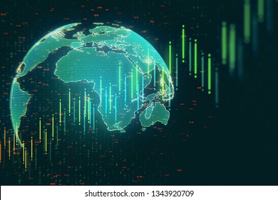 Creative Forex Chart With Globe On Dark Background. Global Trade And Invest Concept. 3D Rendering 