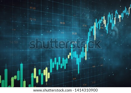 Creative forex chart grid sketch on blurry blue background. Stats and trade concept. 3D Rendering 