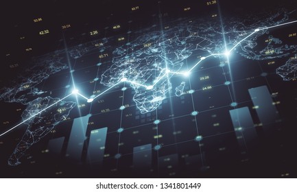 Creative Forex Chart With Map On Dark Backdrop. Global Trade And Invest Concept. 3D Rendering 