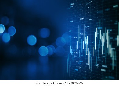 Creative forex chart on blue bokeh wallpaper. Finance and invest concept. Double exposure. 3D Rendering