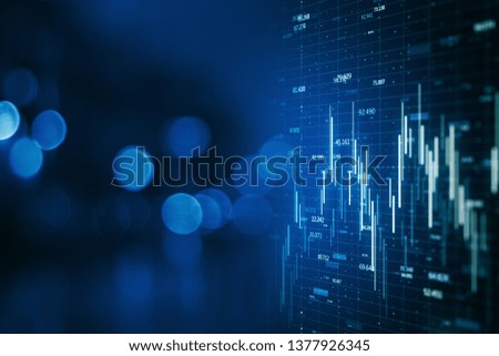 Creative forex chart on blue bokeh wallpaper. Finance and invest concept. Double exposure. 3D Rendering