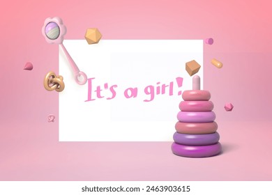 Creative gender reveal concept with It's a girl text. 3D Illustration - Powered by Shutterstock