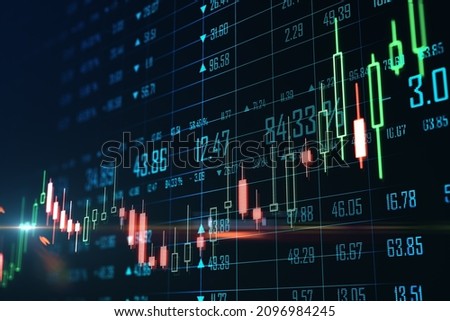 Creative glowing big data forex chart candlestick hologram on dark background. Trade, technology and finance concept. 3D Rendering