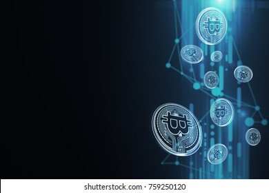 Creative glowing blue bitcoin wallpaper. Cryptocurrency, e-commerce and digital banking concept. 3D Rendering 