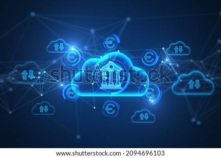 Creative glowing blue cloud computing and online banking hologram with various icons on blurry background. Database, finance, technology and future concept. 3D Rendering