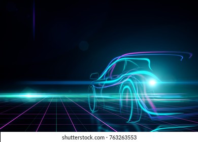 Creative glowing digital car on black background. Transport and design concept. 3D Rendering 