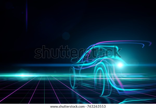 Creative glowing digital car on\
black background. Transport and design concept. 3D Rendering\
