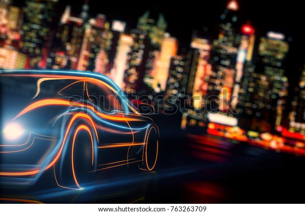 Creative glowing digital\
car on blurry night city background. Transport and vehicle concept.\
3D Rendering 