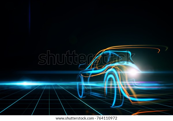 Creative glowing digital car on\
black background. Transportation and design concept. 3D Rendering\
