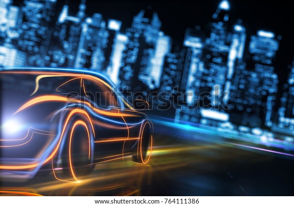 Creative glowing digital\
car on blurry night city background. Transport and design journey.\
3D Rendering 